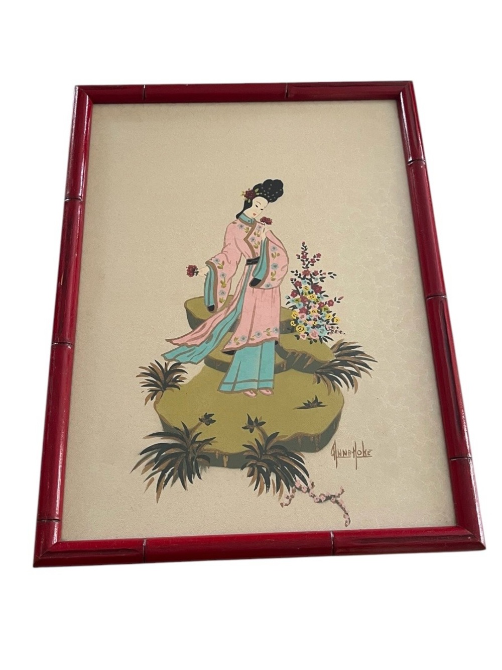 Vintage Mid 20th Century Asian Gouache/Watercolor Painting Of A Woman Anne Hoke